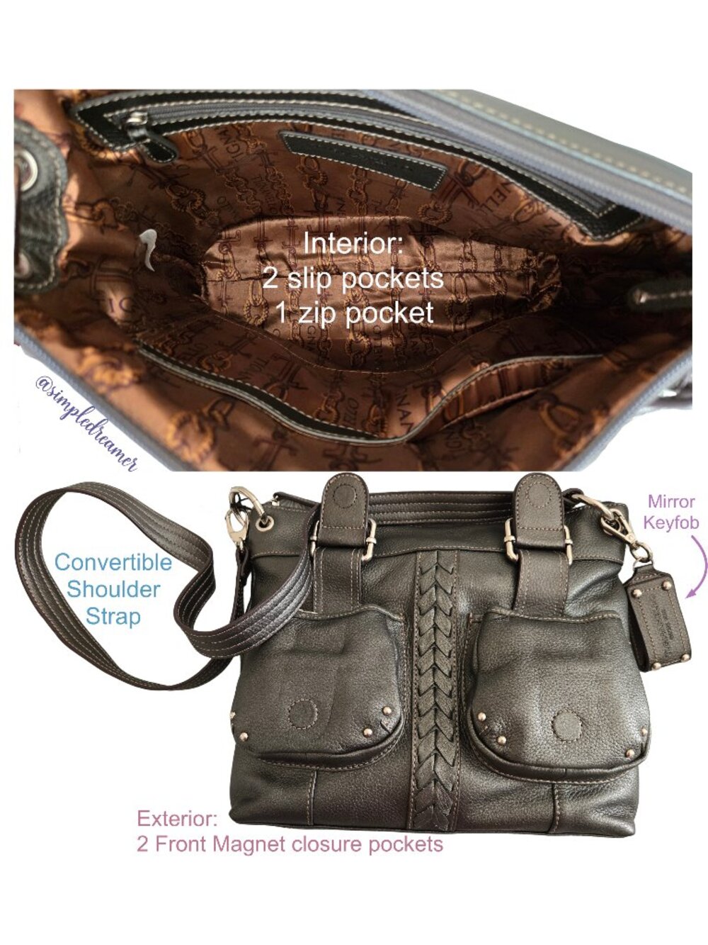 Tignanello Leather Convertible Shoulder Bag Braided Accents NWT (Color: Zinc) - Picture 4 of 8